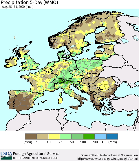Europe Precipitation 5-Day (WMO) Thematic Map For 8/26/2020 - 8/31/2020