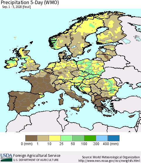 Europe Precipitation 5-Day (WMO) Thematic Map For 9/1/2020 - 9/5/2020