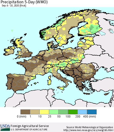 Europe Precipitation 5-Day (WMO) Thematic Map For 9/6/2020 - 9/10/2020