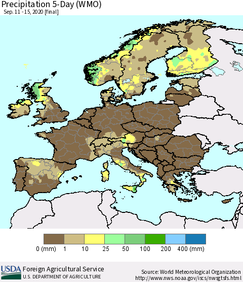 Europe Precipitation 5-Day (WMO) Thematic Map For 9/11/2020 - 9/15/2020