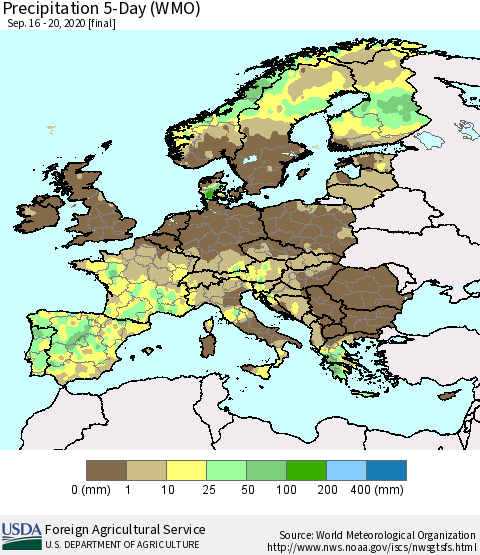 Europe Precipitation 5-Day (WMO) Thematic Map For 9/16/2020 - 9/20/2020