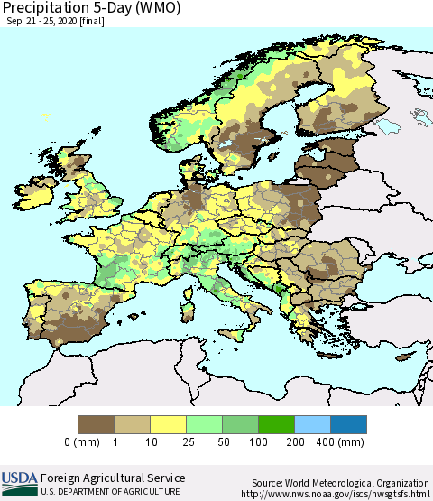 Europe Precipitation 5-Day (WMO) Thematic Map For 9/21/2020 - 9/25/2020