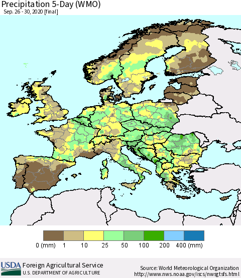Europe Precipitation 5-Day (WMO) Thematic Map For 9/26/2020 - 9/30/2020
