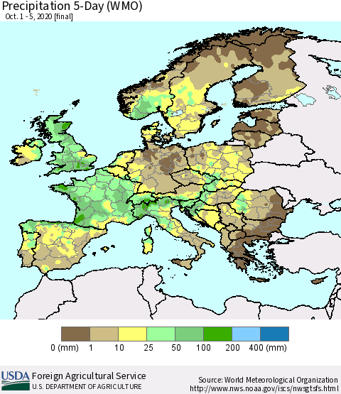 Europe Precipitation 5-Day (WMO) Thematic Map For 10/1/2020 - 10/5/2020
