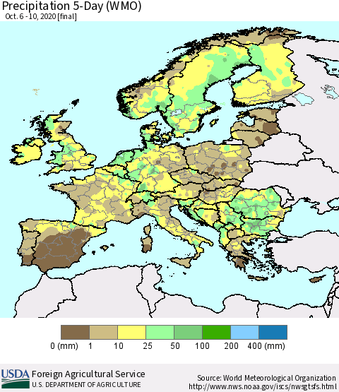 Europe Precipitation 5-Day (WMO) Thematic Map For 10/6/2020 - 10/10/2020