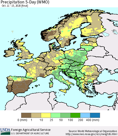 Europe Precipitation 5-Day (WMO) Thematic Map For 10/11/2020 - 10/15/2020