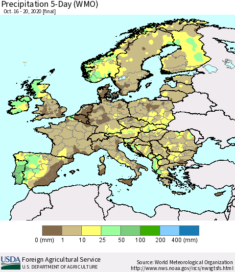 Europe Precipitation 5-Day (WMO) Thematic Map For 10/16/2020 - 10/20/2020