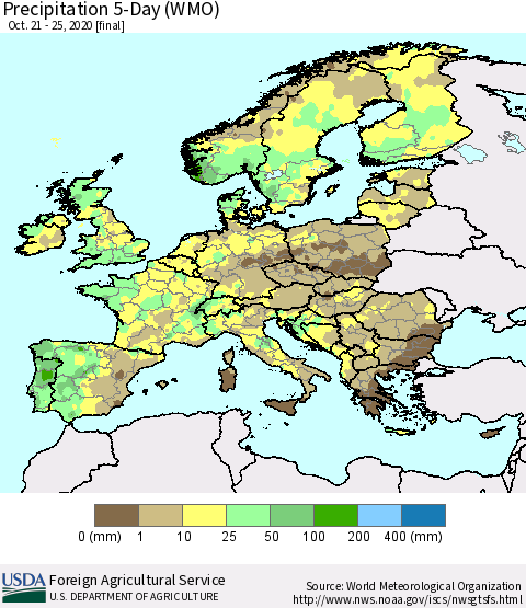 Europe Precipitation 5-Day (WMO) Thematic Map For 10/21/2020 - 10/25/2020