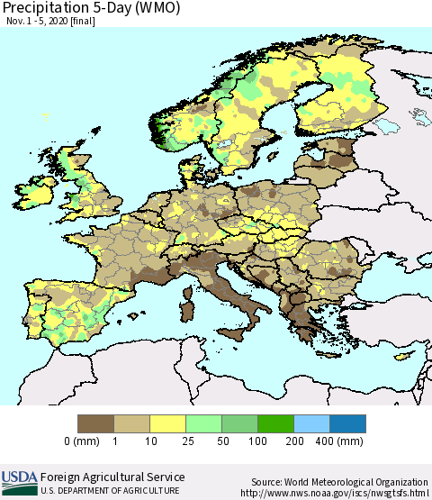 Europe Precipitation 5-Day (WMO) Thematic Map For 11/1/2020 - 11/5/2020