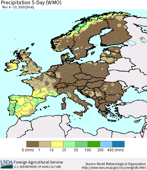 Europe Precipitation 5-Day (WMO) Thematic Map For 11/6/2020 - 11/10/2020
