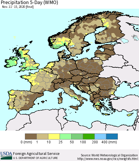 Europe Precipitation 5-Day (WMO) Thematic Map For 11/11/2020 - 11/15/2020