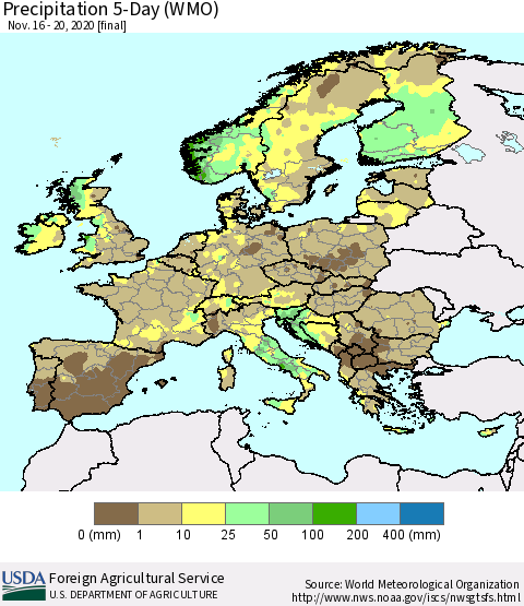 Europe Precipitation 5-Day (WMO) Thematic Map For 11/16/2020 - 11/20/2020