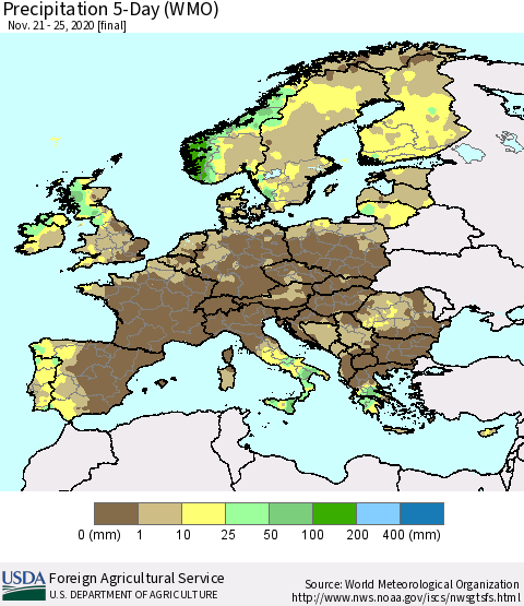 Europe Precipitation 5-Day (WMO) Thematic Map For 11/21/2020 - 11/25/2020
