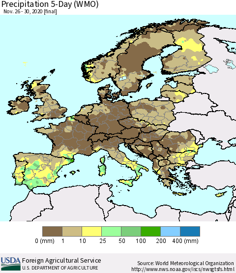 Europe Precipitation 5-Day (WMO) Thematic Map For 11/26/2020 - 11/30/2020