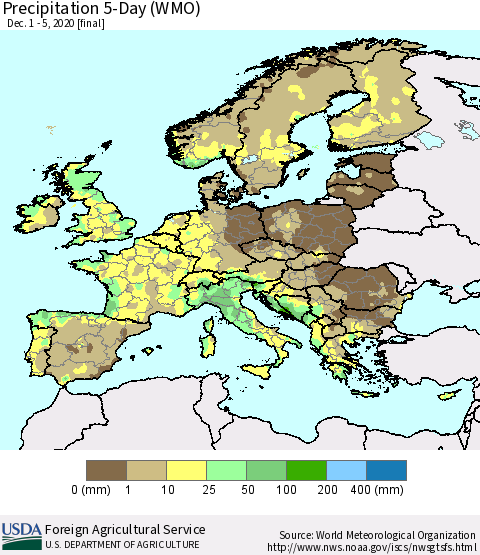 Europe Precipitation 5-Day (WMO) Thematic Map For 12/1/2020 - 12/5/2020