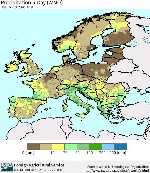 Europe Precipitation 5-Day (WMO) Thematic Map For 12/6/2020 - 12/10/2020
