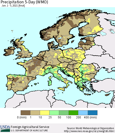 Europe Precipitation 5-Day (WMO) Thematic Map For 1/1/2021 - 1/5/2021
