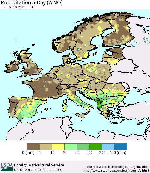 Europe Precipitation 5-Day (WMO) Thematic Map For 1/6/2021 - 1/10/2021