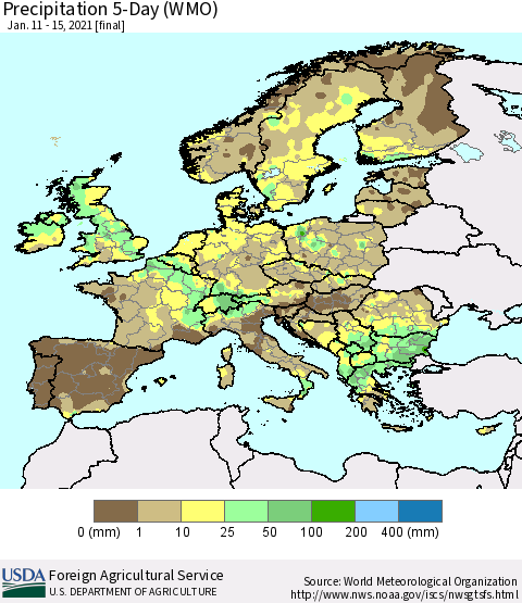 Europe Precipitation 5-Day (WMO) Thematic Map For 1/11/2021 - 1/15/2021