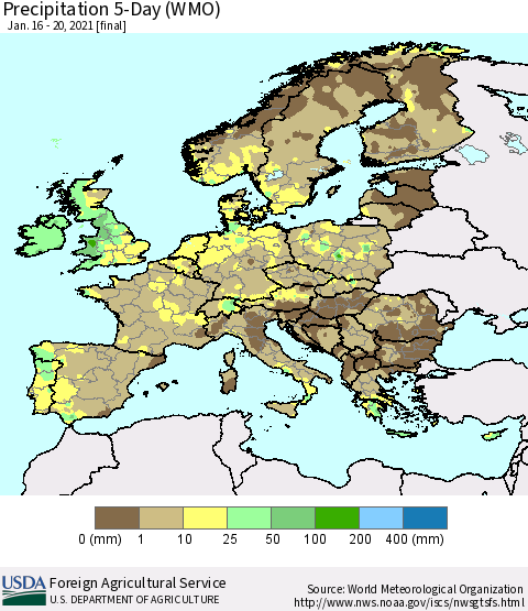 Europe Precipitation 5-Day (WMO) Thematic Map For 1/16/2021 - 1/20/2021
