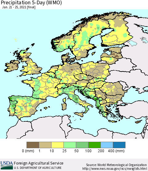 Europe Precipitation 5-Day (WMO) Thematic Map For 1/21/2021 - 1/25/2021