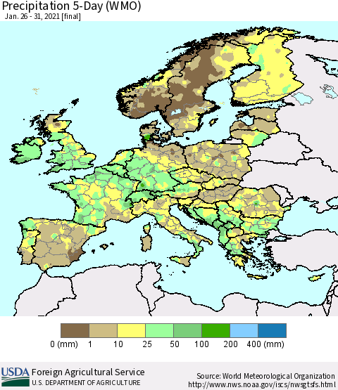 Europe Precipitation 5-Day (WMO) Thematic Map For 1/26/2021 - 1/31/2021