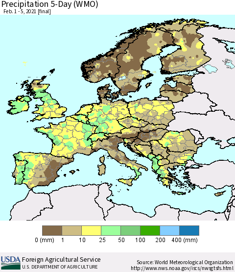 Europe Precipitation 5-Day (WMO) Thematic Map For 2/1/2021 - 2/5/2021