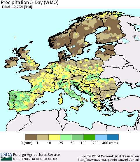 Europe Precipitation 5-Day (WMO) Thematic Map For 2/6/2021 - 2/10/2021