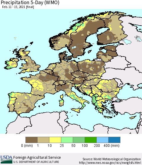 Europe Precipitation 5-Day (WMO) Thematic Map For 2/11/2021 - 2/15/2021