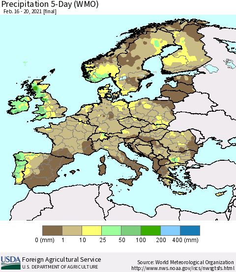 Europe Precipitation 5-Day (WMO) Thematic Map For 2/16/2021 - 2/20/2021