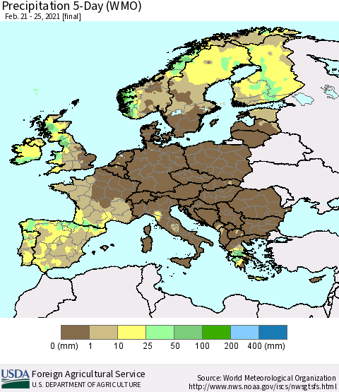 Europe Precipitation 5-Day (WMO) Thematic Map For 2/21/2021 - 2/25/2021