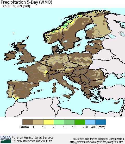 Europe Precipitation 5-Day (WMO) Thematic Map For 2/26/2021 - 2/28/2021