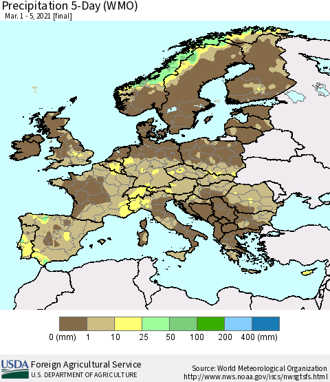 Europe Precipitation 5-Day (WMO) Thematic Map For 3/1/2021 - 3/5/2021