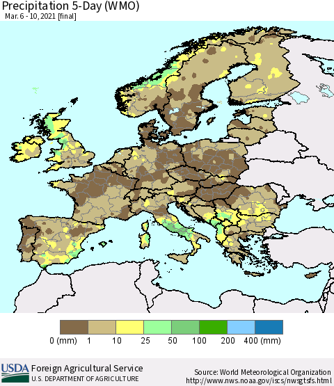 Europe Precipitation 5-Day (WMO) Thematic Map For 3/6/2021 - 3/10/2021
