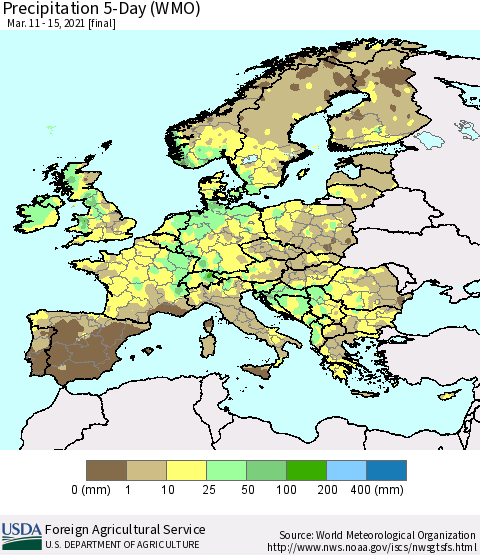 Europe Precipitation 5-Day (WMO) Thematic Map For 3/11/2021 - 3/15/2021