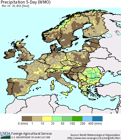 Europe Precipitation 5-Day (WMO) Thematic Map For 3/16/2021 - 3/20/2021
