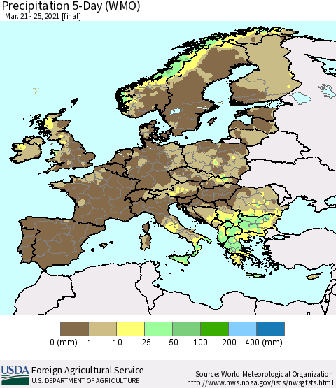 Europe Precipitation 5-Day (WMO) Thematic Map For 3/21/2021 - 3/25/2021