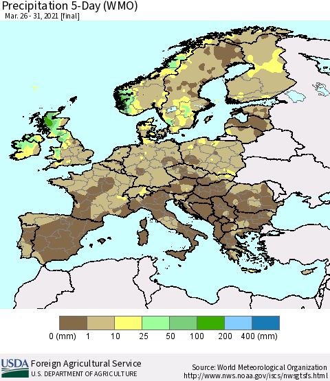 Europe Precipitation 5-Day (WMO) Thematic Map For 3/26/2021 - 3/31/2021