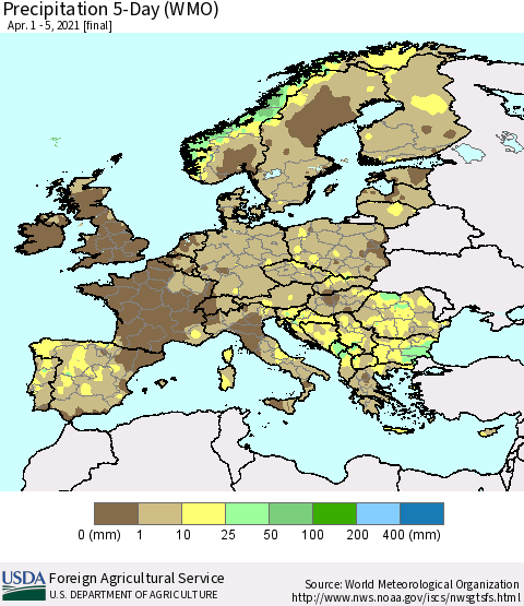 Europe Precipitation 5-Day (WMO) Thematic Map For 4/1/2021 - 4/5/2021
