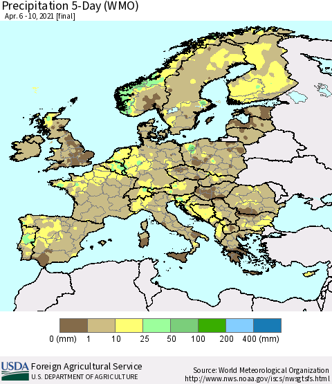 Europe Precipitation 5-Day (WMO) Thematic Map For 4/6/2021 - 4/10/2021
