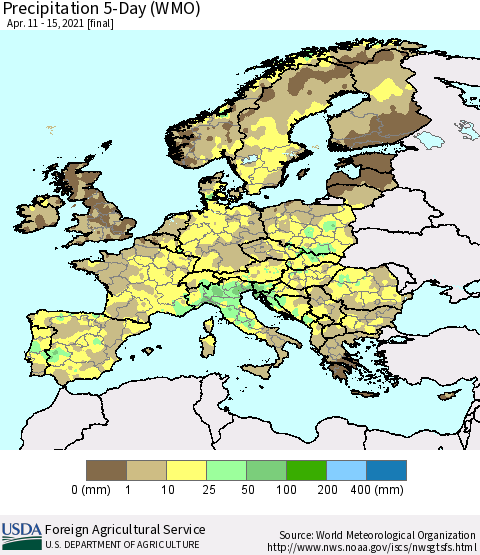 Europe Precipitation 5-Day (WMO) Thematic Map For 4/11/2021 - 4/15/2021