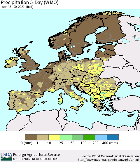 Europe Precipitation 5-Day (WMO) Thematic Map For 4/16/2021 - 4/20/2021