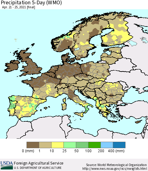 Europe Precipitation 5-Day (WMO) Thematic Map For 4/21/2021 - 4/25/2021
