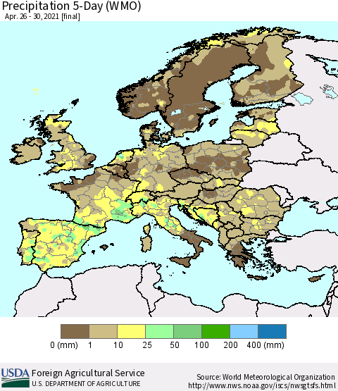 Europe Precipitation 5-Day (WMO) Thematic Map For 4/26/2021 - 4/30/2021