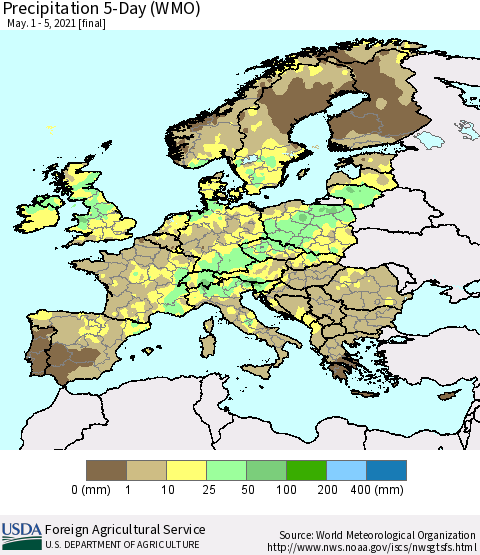 Europe Precipitation 5-Day (WMO) Thematic Map For 5/1/2021 - 5/5/2021