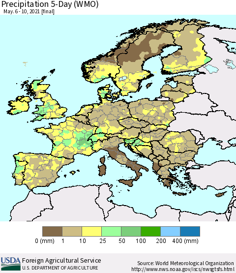 Europe Precipitation 5-Day (WMO) Thematic Map For 5/6/2021 - 5/10/2021