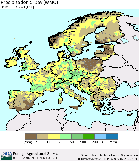 Europe Precipitation 5-Day (WMO) Thematic Map For 5/11/2021 - 5/15/2021
