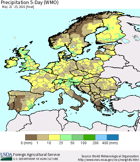 Europe Precipitation 5-Day (WMO) Thematic Map For 5/21/2021 - 5/25/2021