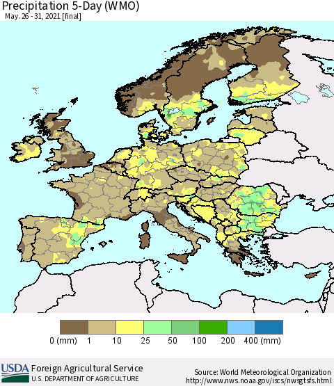 Europe Precipitation 5-Day (WMO) Thematic Map For 5/26/2021 - 5/31/2021