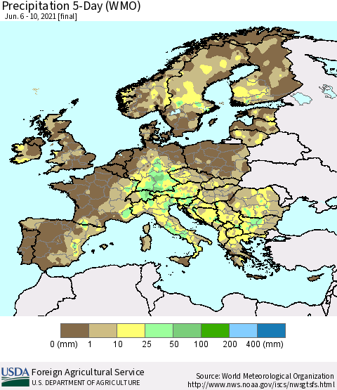 Europe Precipitation 5-Day (WMO) Thematic Map For 6/6/2021 - 6/10/2021